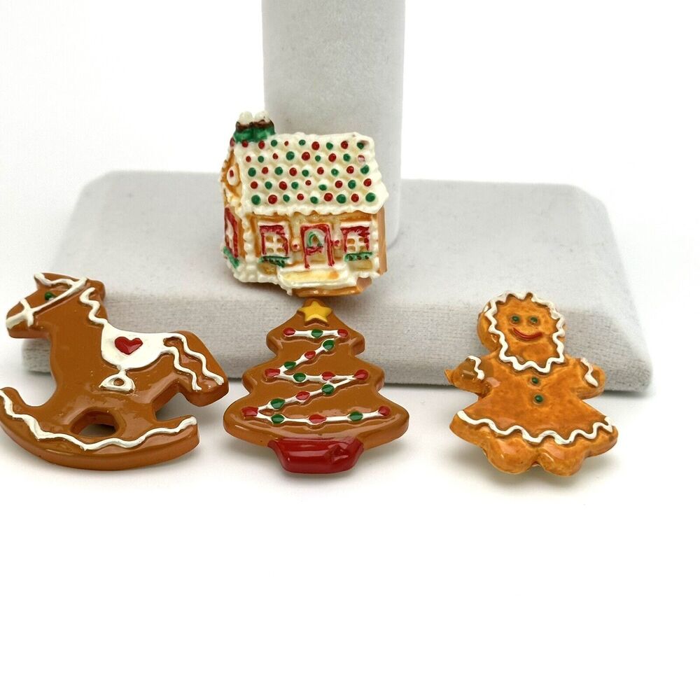 Christmas Button Covers Set of  4 Holiday Reindeer Tree House Gingerbread Resin